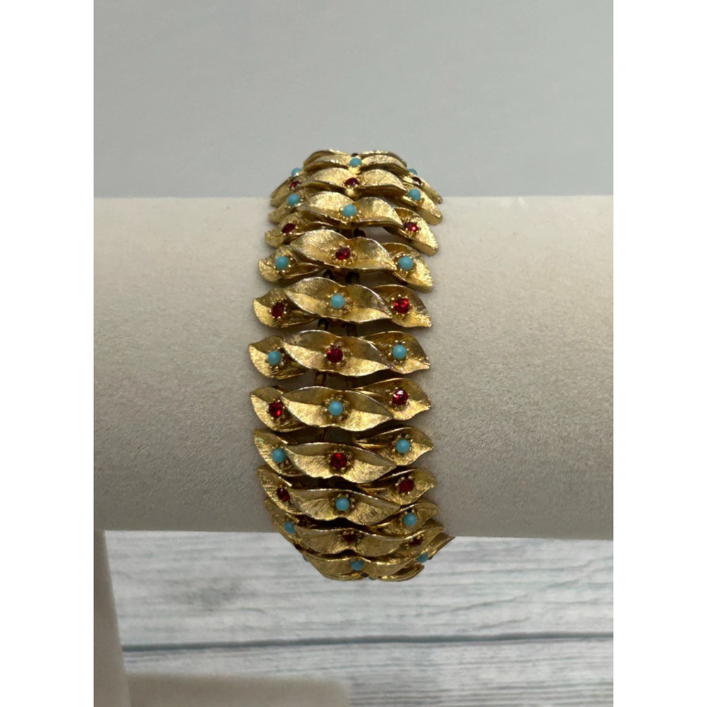 Vintage French Gold Plated Bracelet Turquoise Beads & Garnet Foldover Clasp